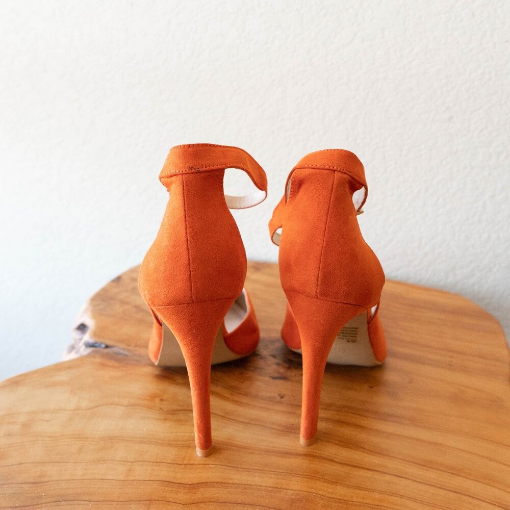 Eva Mendes Orange Suede Ankle Strap Heels | Size 9M Pointed Toe Stilettos - Picture 4 of 6